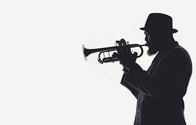 Foto jazzmuzikant in silhouet die op een trompet blaast