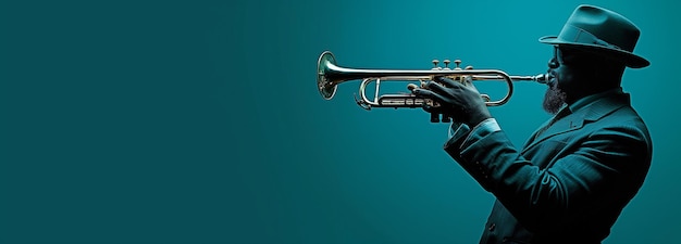 Jazzmuzikant in silhouet die op een trompet blaast