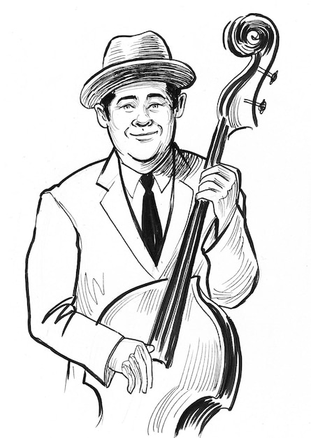 Jazzmuzikant met een bas. Inkt zwart-wit tekening