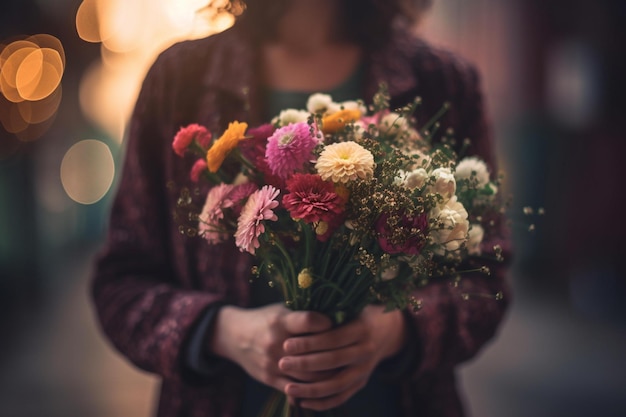 Je moeder houdt een boeket bloemen bokeh Generatieve AI vast