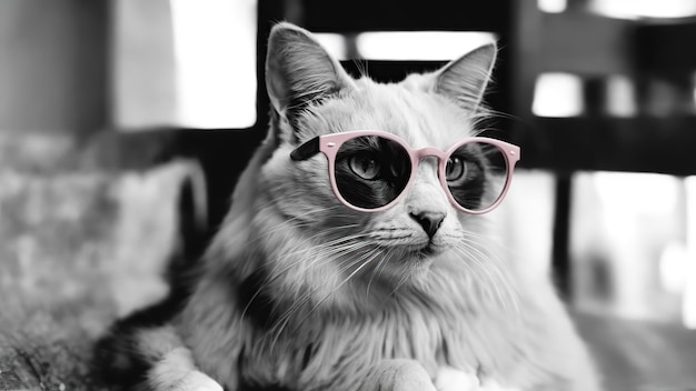 Je ziet er cool en stijlvol uit met een zwart-wit foto van een kat met een roze zonnebril.