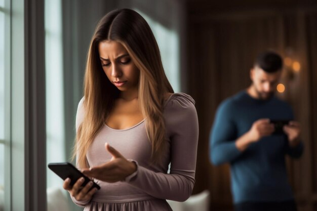 Фото Ревность подозрительная жена читает сообщения мужа на смартфоне, стоя за его спиной, в то время как он