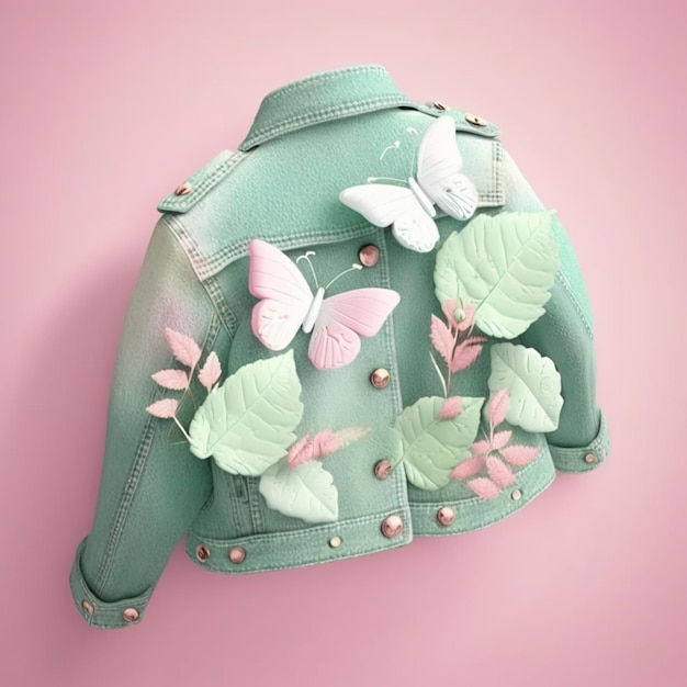 Jeans jacket in pastel colors with leaves and buttlerflies