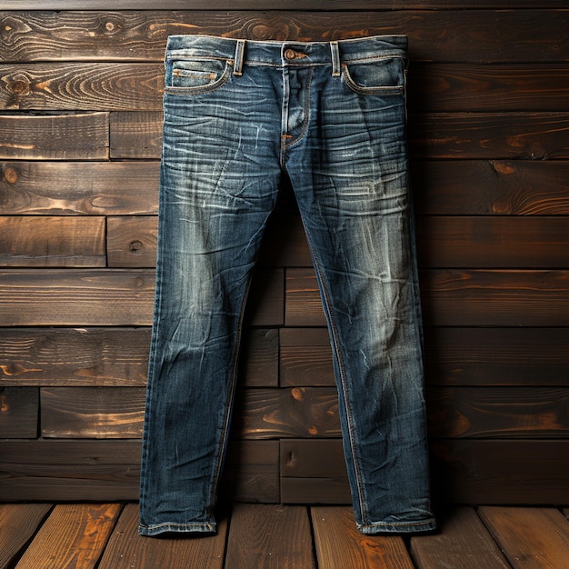 Jeans met houten achtergrondfoto