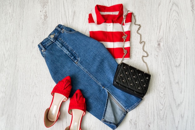 Jeans skirt, red shoes, white and red shirt, collage,