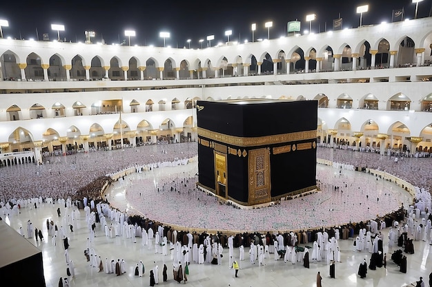 제다 사우디아라비아 2023년 2월 27일 (현지시간) 사우디 아라비아 메카의 하람 모스크에 있는 카바에서 무슬림 순례자들이 아침에 우므라를 행하고 있다.
