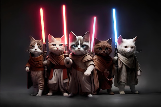 Jedi-katten staan met lichtzwaarden en kijken streng naar de camera op een grijze achtergrond