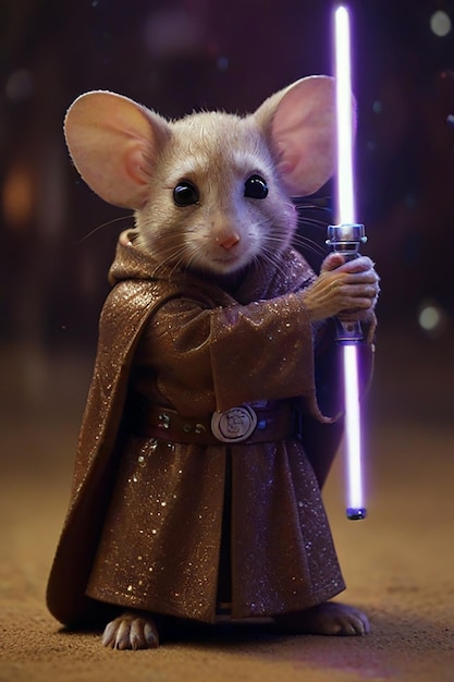 Photo a jedi mouse brown boots jedi robes holding a purple lightsaber star wars cantina