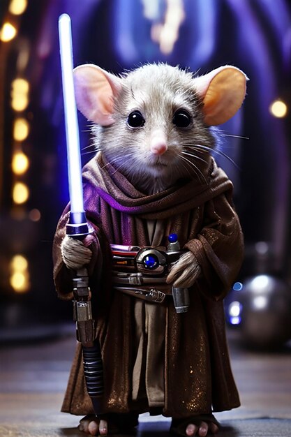 Photo a jedi mouse brown boots jedi robes holding a purple lightsaber star wars cantina