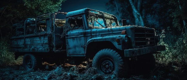 Jeep 4x4 Army truck post apocalypse landscape widescreen adondoned poster photo rain greenery night