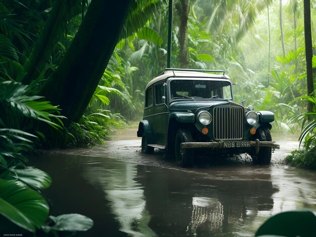 Jeep-autoraceauto's diep in de modder en het water in een tropisch regenwoud Gegenereerde AI