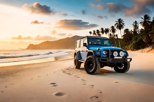 A jeep on a beach with palm trees in the background