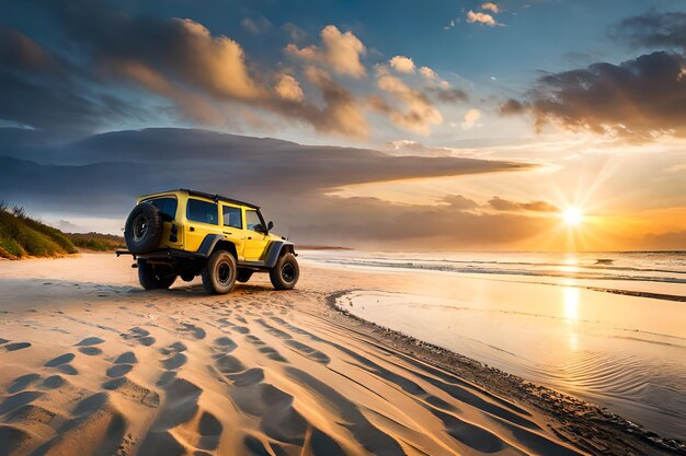 Jeep on a beach with sunset in the background