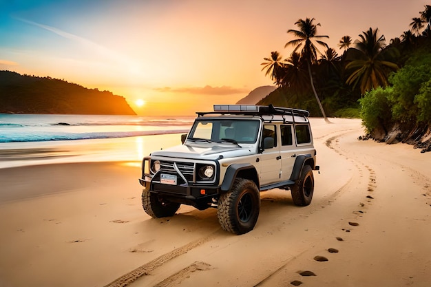 Jeep on a beach with sunset in the background