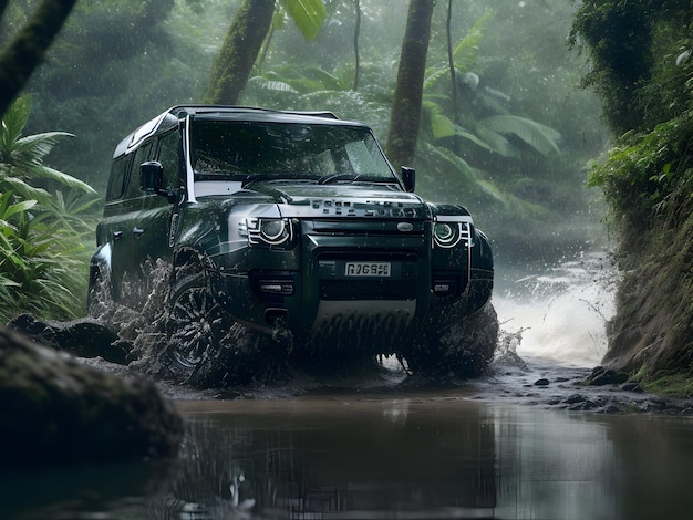 Jeep car racing cars deep in the mud and water in a tropical rain forest Generated ai