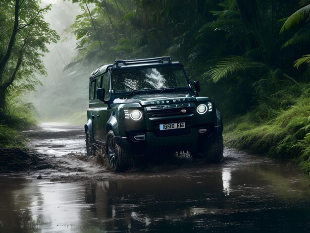 Jeep car racing cars deep in the mud and water in a tropical rain forest Generated ai