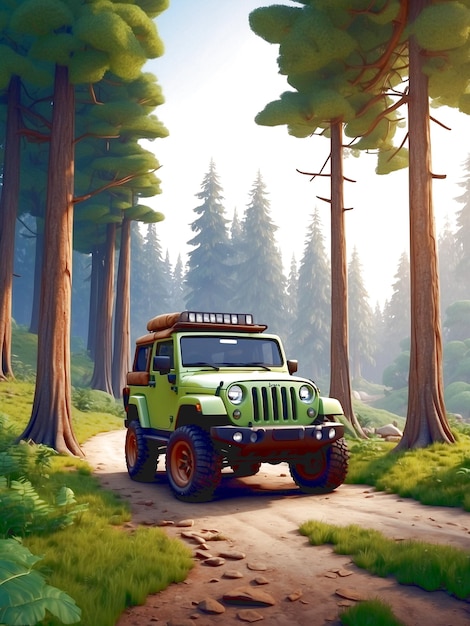 Photo jeep cartoon style desert road