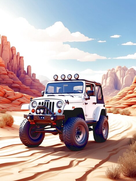 Photo jeep cartoon style desert road