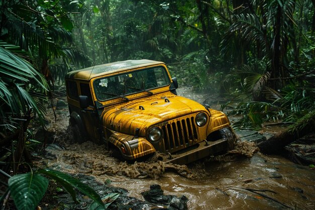 Foto una jeep che si schianta nella giungla.