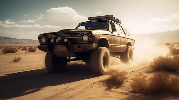 A jeep in the desert with the word jeep on the front.