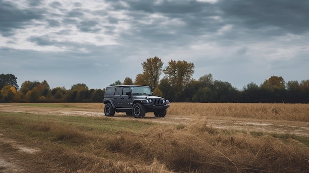 A jeep on a dirt road with a cloudy sky in the background