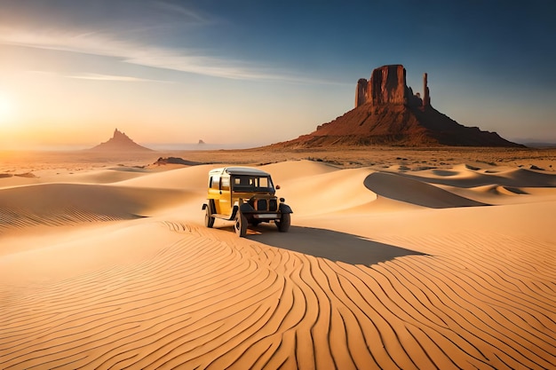 A jeep drives through the desert