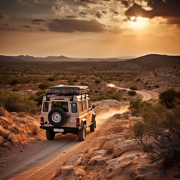 Photo a jeep driving down a dirt road in the desert