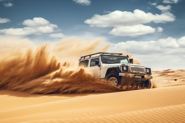 jeep driving through the desert sand in the desert