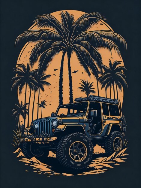 Photo a jeep driving through the palm trees at sunset