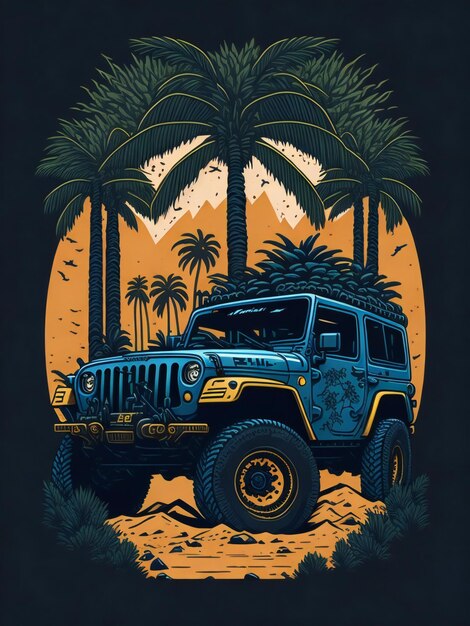 Foto una jeep che attraversa le palme al tramonto