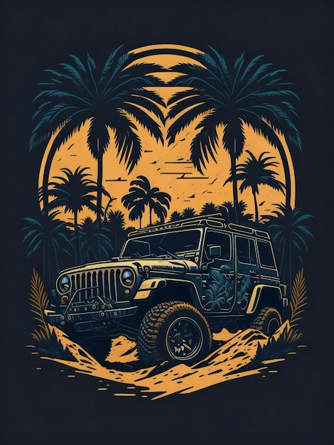 Photo a jeep driving through the palm trees at sunset