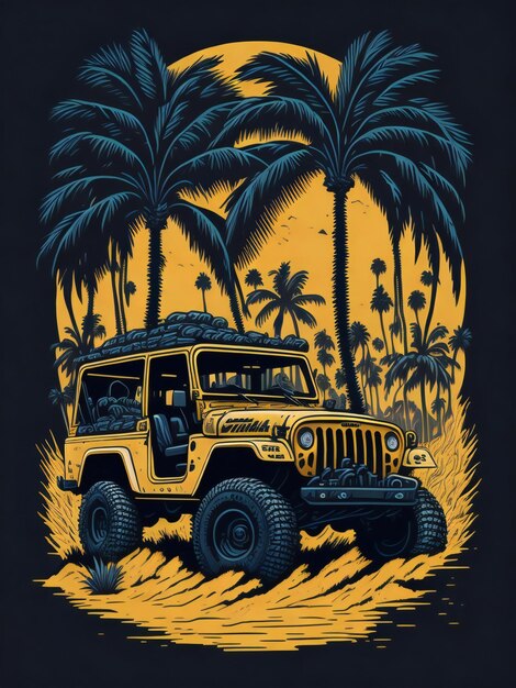 Photo a jeep driving through the palm trees at sunset