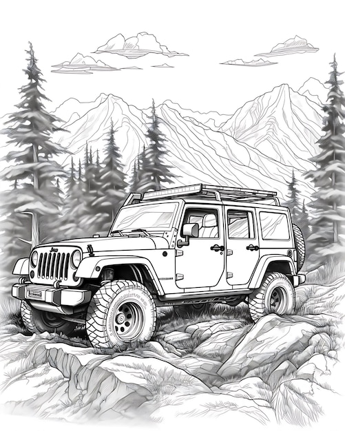 Jeep in the Forest Coloring Page