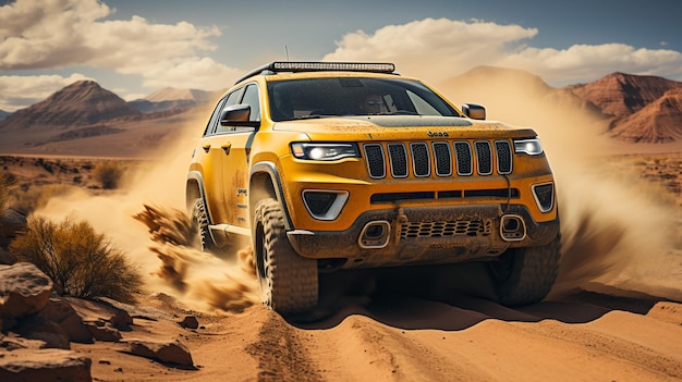 Jeep grand on a sandy beach on the background of the mountaindesert