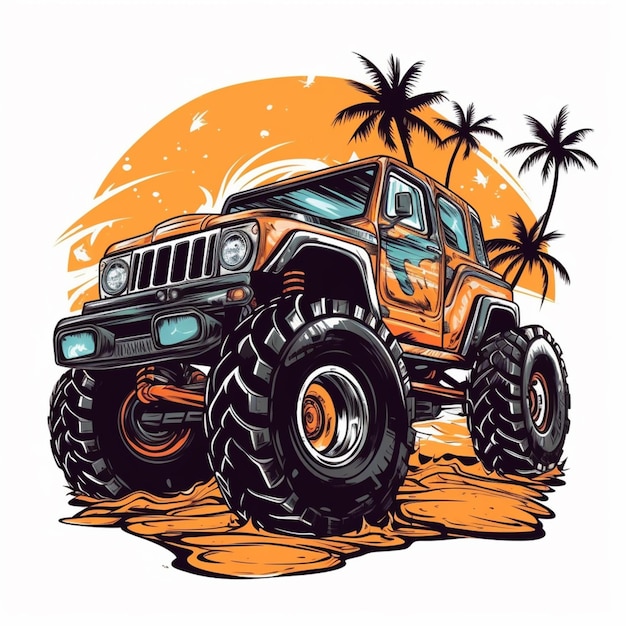 Jeep illustration with palm trees on the background