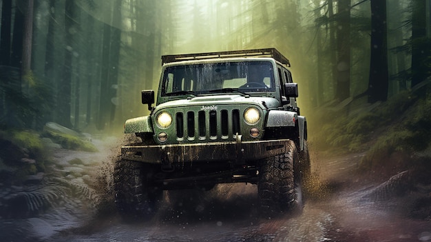 A jeep is driving through a forest with the word jeep on the front.