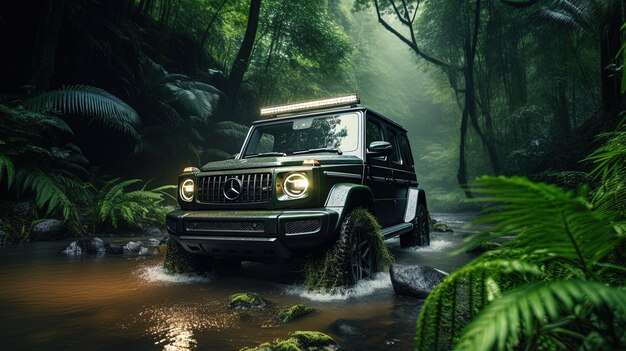 Photo a jeep is driving through a stream in the woods