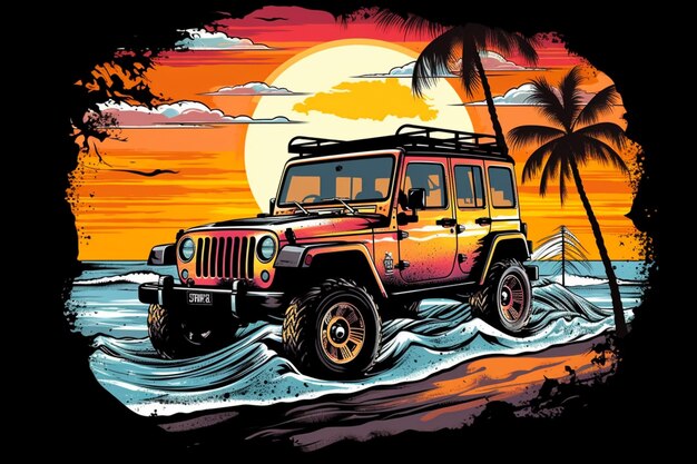 A jeep is driving on the water with the sun setting behind it.