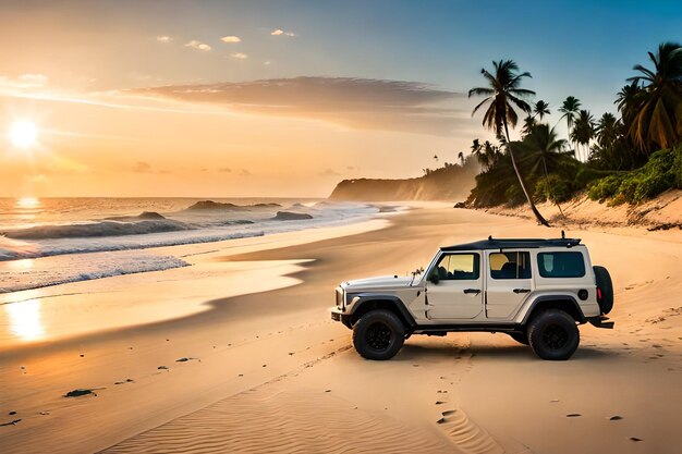 A jeep is parked on the beach with palm trees in the background