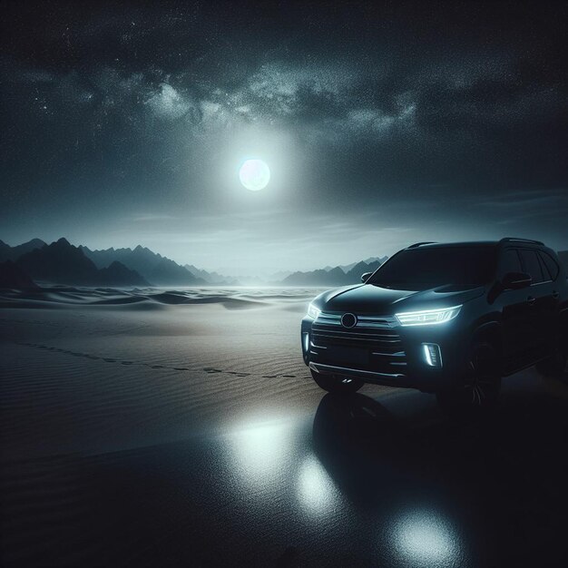 a jeep is parked in the desert with the moon in the background