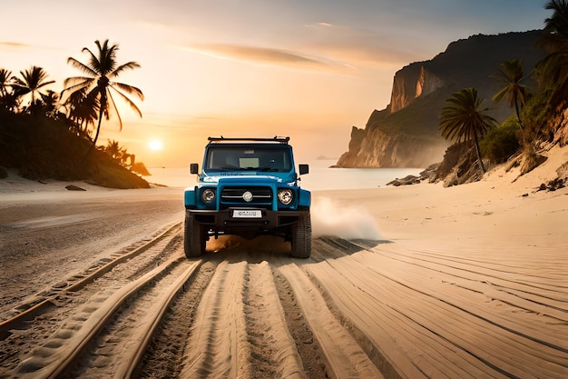 Jeep op een strand met een zonsondergang op de achtergrond