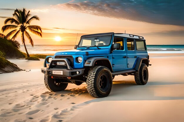 Jeep op een strand met palmbomen op de achtergrond