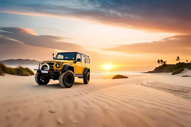 Jeep op een strand met zonsondergang op de achtergrond