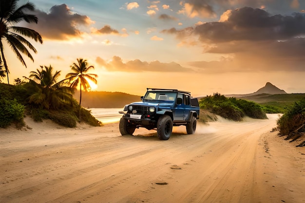 Jeep op een zandweg met palmbomen op de achtergrond