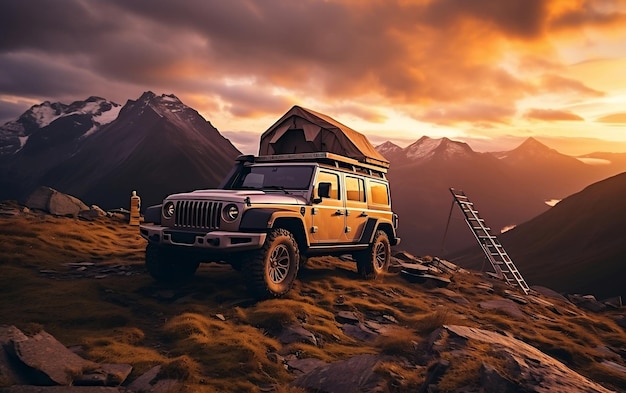 A jeep parked on top of a mountain at sunset AI