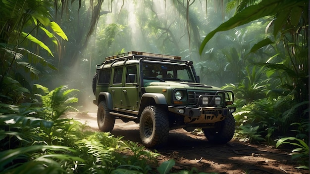 Jeep rijdt in de jungle 3D rendering en illustratie