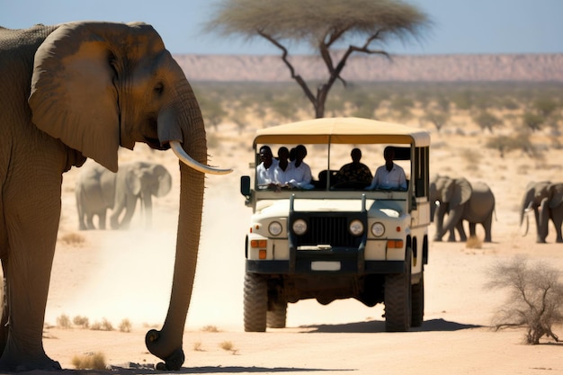 Jeep On Safari With Elephants Generative AI