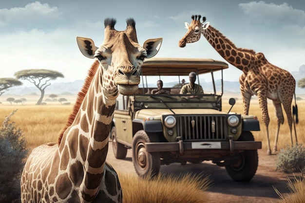 Jeep On Safari With Giraffes Generative AI