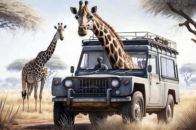 Jeep On Safari With Giraffes Generative AI