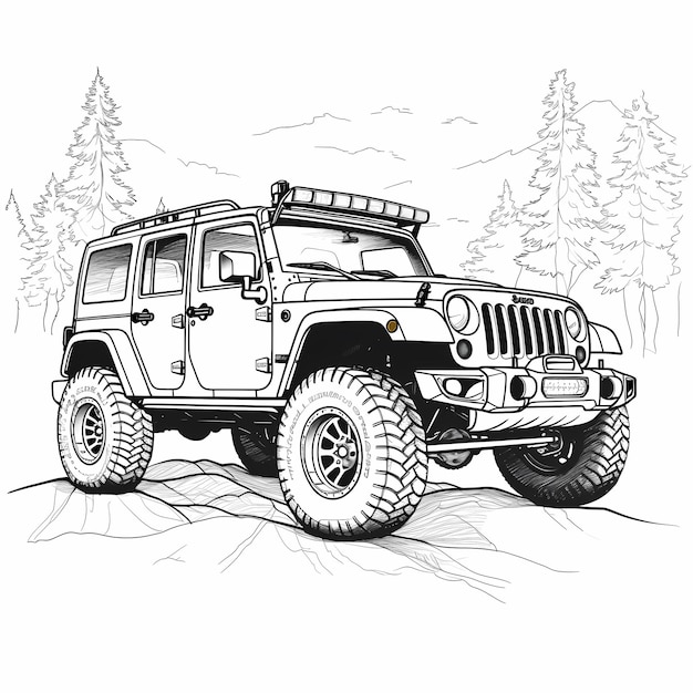 Photo jeep wrangler coloring book style on white background well composed